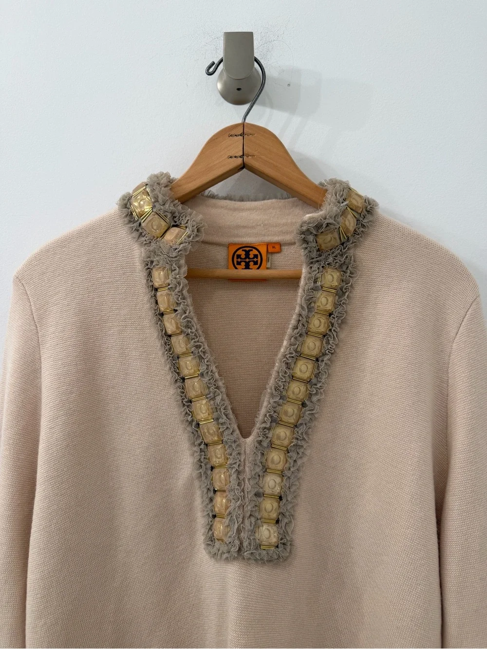 Tory Burch Beige Embellished Oversized Tunic Cashmere and Wool Sweater